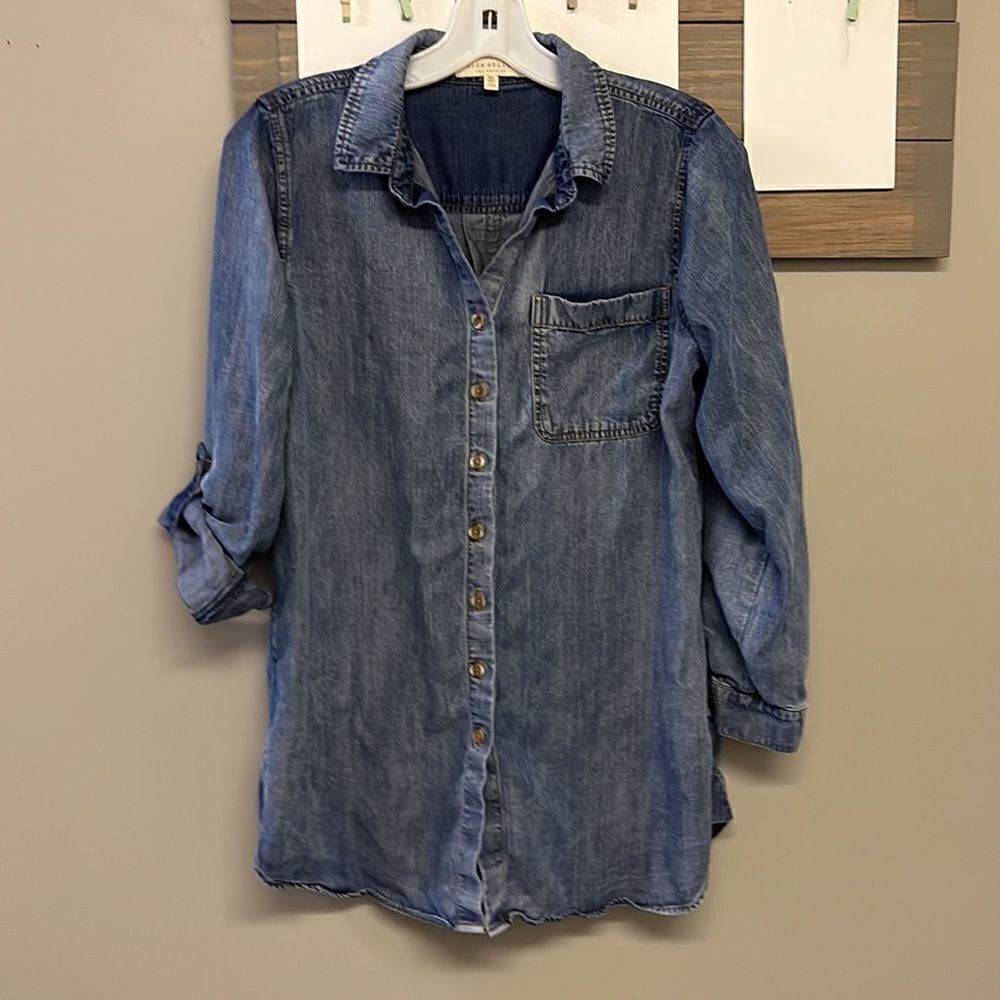 Side Stitch Dark Wash Long Sleeve Lyocell Botton Down Shirt- XSP